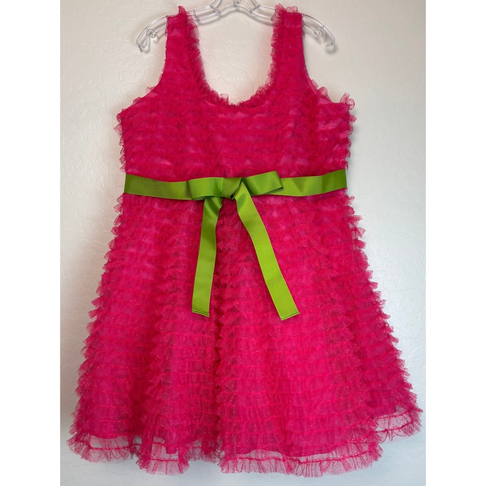 NEW Smak Parlour Unique Vintage Pink Tulle Ruffle Dress Green Bow 1X $148 2221
